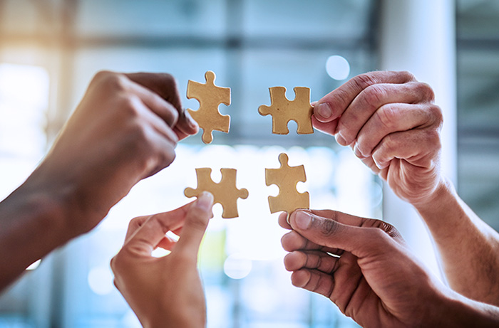 Four hands holding puzzle pieces.
