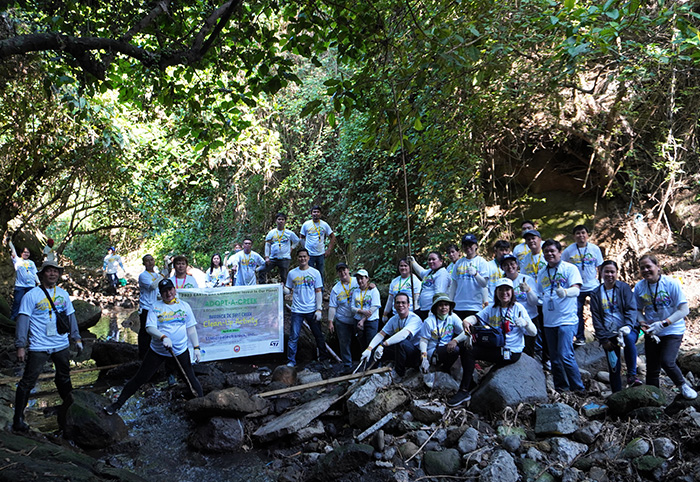 Volunteer workers posing as a group in a forest